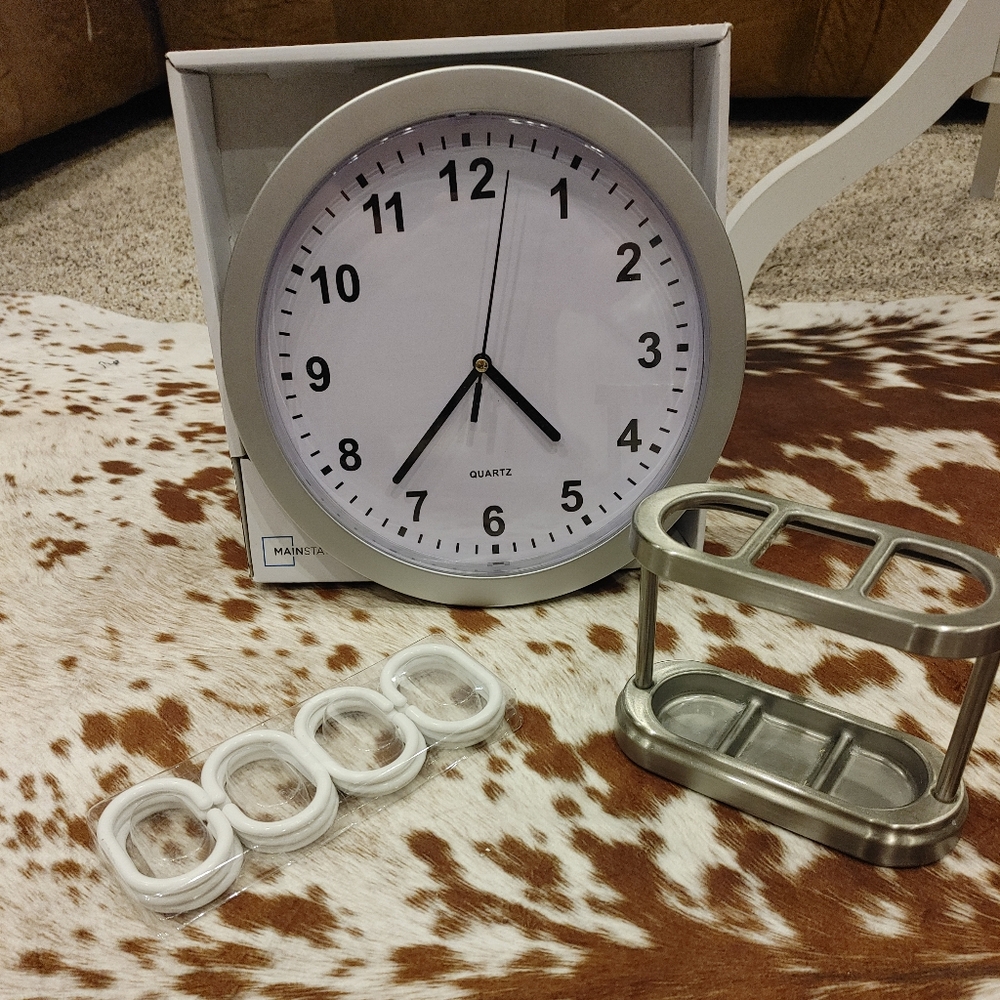 BATHROOM TOOTHBRUSH HOLDER CLOCK SHOWER RINGS BUNDLE